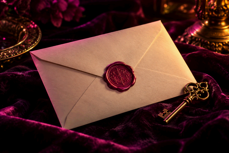 A wax-sealed envelope and antique gold key on dark purple velvet